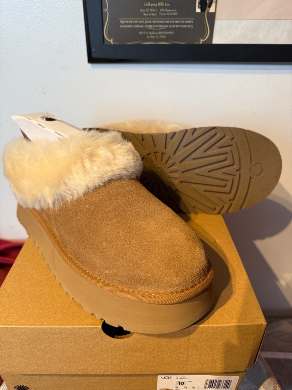 UGG Suede Shearling Platform Slippers in Chestnut Brown - Picture 2 of 4